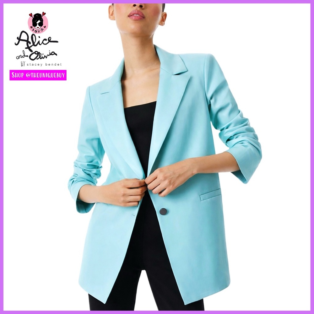 Alice + Olivia Dunn Vegan Leather Roll Cuff Blue Breeze Blazer Jacket
